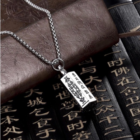 Kalung Liontin Mantra Segi Enam Silver / Kalung Om Mani Padme Hum Bisa Dilepas Stainless Steel