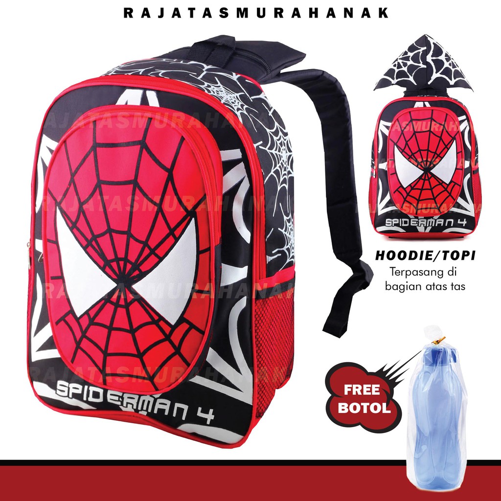 Tas Ransel Anak Laki Laki Karakter - Spiderman Hoodie.RTM / Bonus Tutup Kepala + FREE Botol Minum