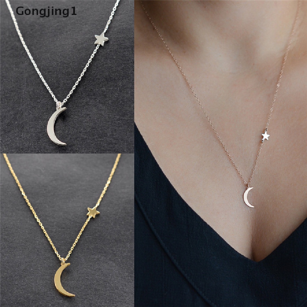 Gongjing1 Kalung Rantai Panjang Liontin Bulan Bintang Warna Gold / Silver Untuk Wanita