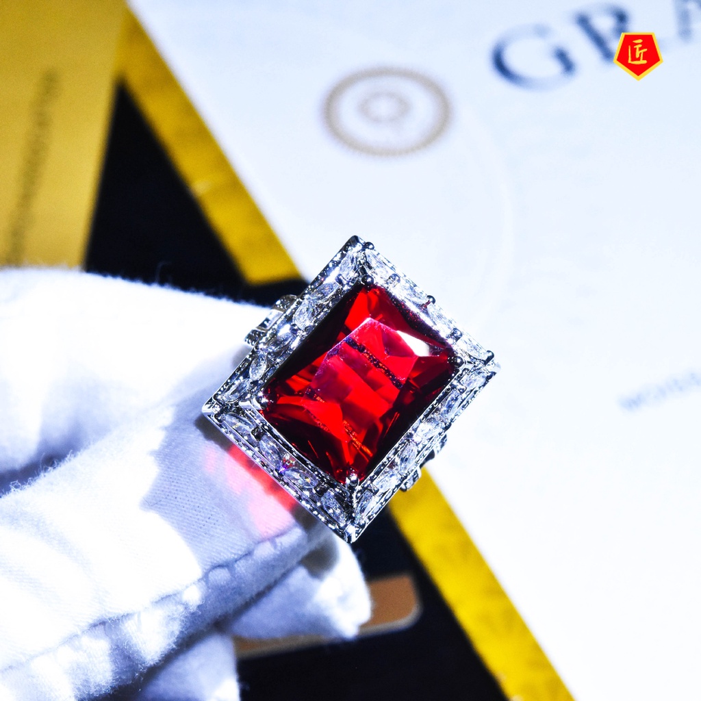 [Ready Stock]Natural Ruby Square Diamond Open Ring Creative Pagoda Shape