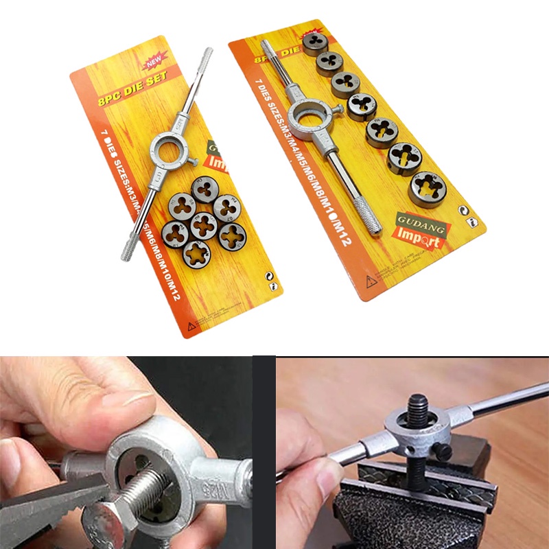 Handtap Hand Tap Senai Drat Derat Set Isi 8 M3 M4 M5 M6 M8 M10 M12/Screw Die dan Pemegang Kunci Pas yang Dapat Disesuaikan dengan Die