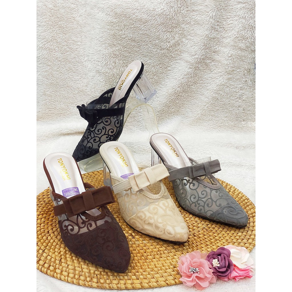 TONYOKHI - Sandal Heels Kaca Wanita Brukat Pita PC-703