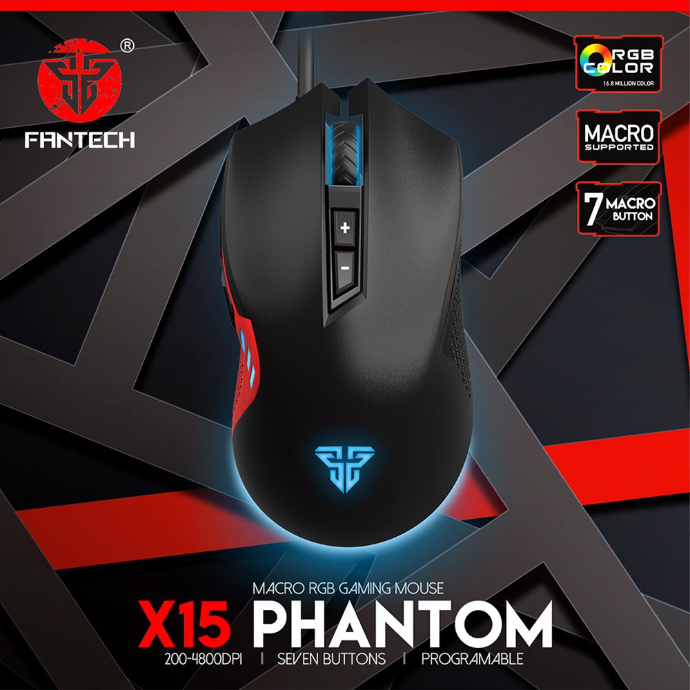 Fantech PHANTOM X15 X-15 X 15 USB Wired Mouse Game Gaming Gamers RGB Macro 4800 DPI 7 Tombol laptop