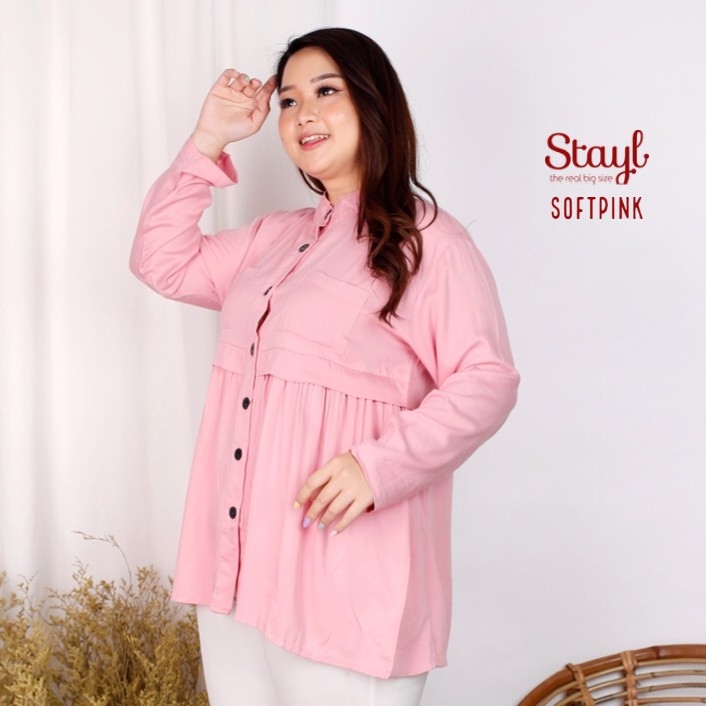 Kemeja Wanita Lengan Panjang LD 100 - 120 3XL Jumbo Rayon Twill 7 Warna Qanita Atasan Big Size XL-Softpink