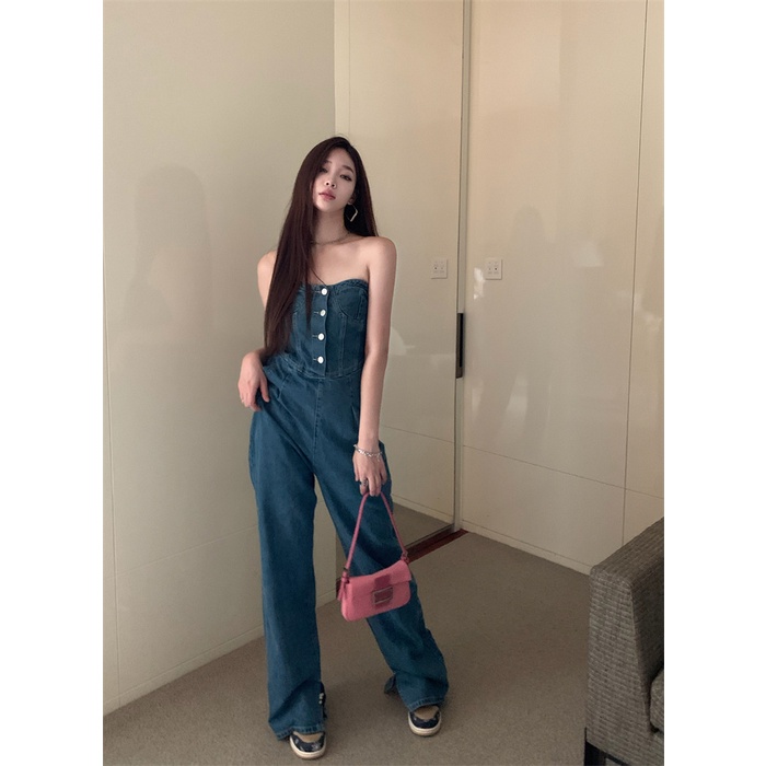 Gaya Korea Jeans Retro Lurus One Piece Jeans Wanita Musim Panas Tipis Gadis Panas Pinggang Tinggi Se