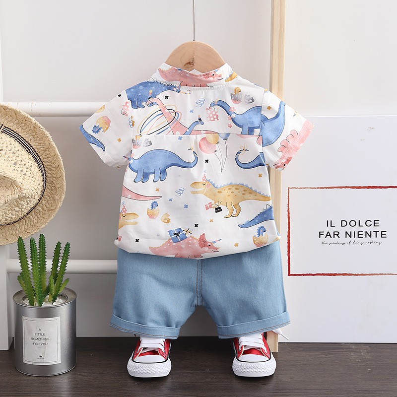 Set Kemeja Dasi Anak Laki-Laki +Celana Pendek Motif Dino