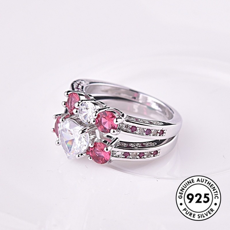 Set Cincin Sterling Silver 925 Dengan Ruby Bentuk Hati Untuk Wanita