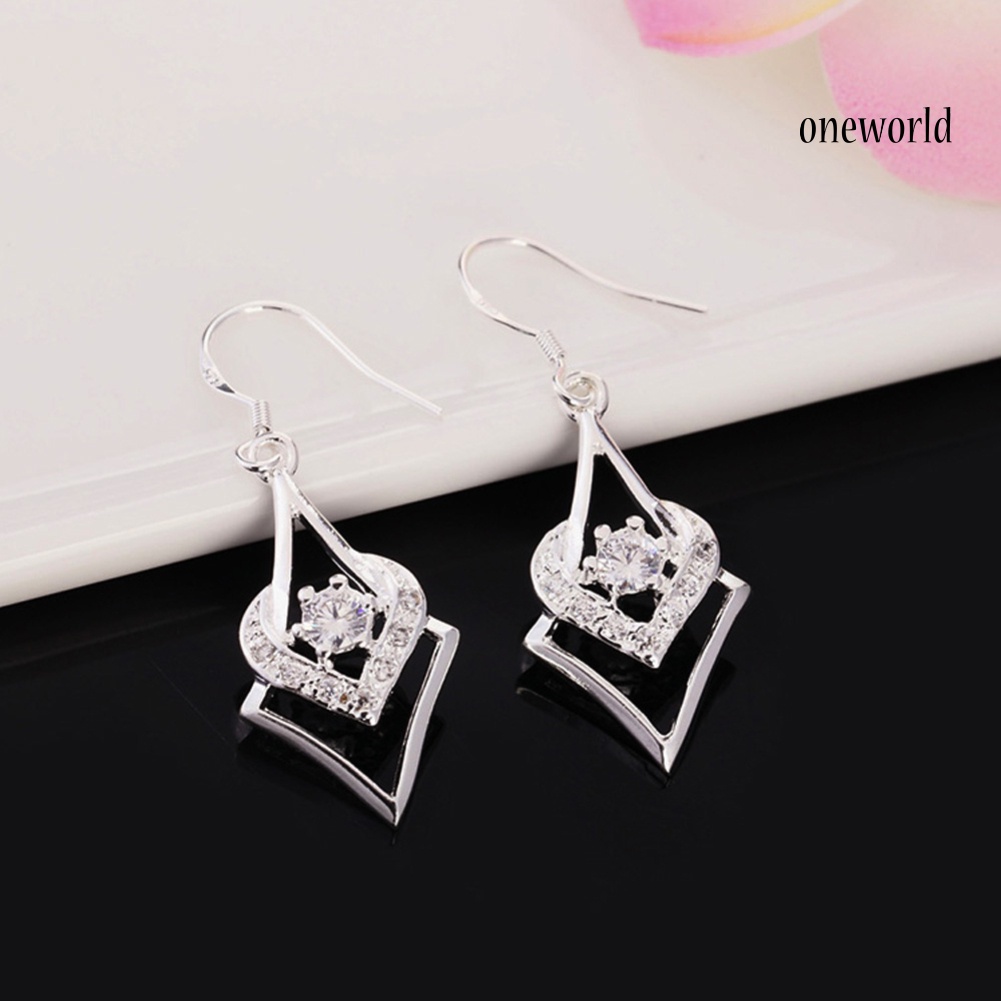 OW@ Women Silver Plated Hook Dangle Earrings Square with Zircon Heart Eardrops