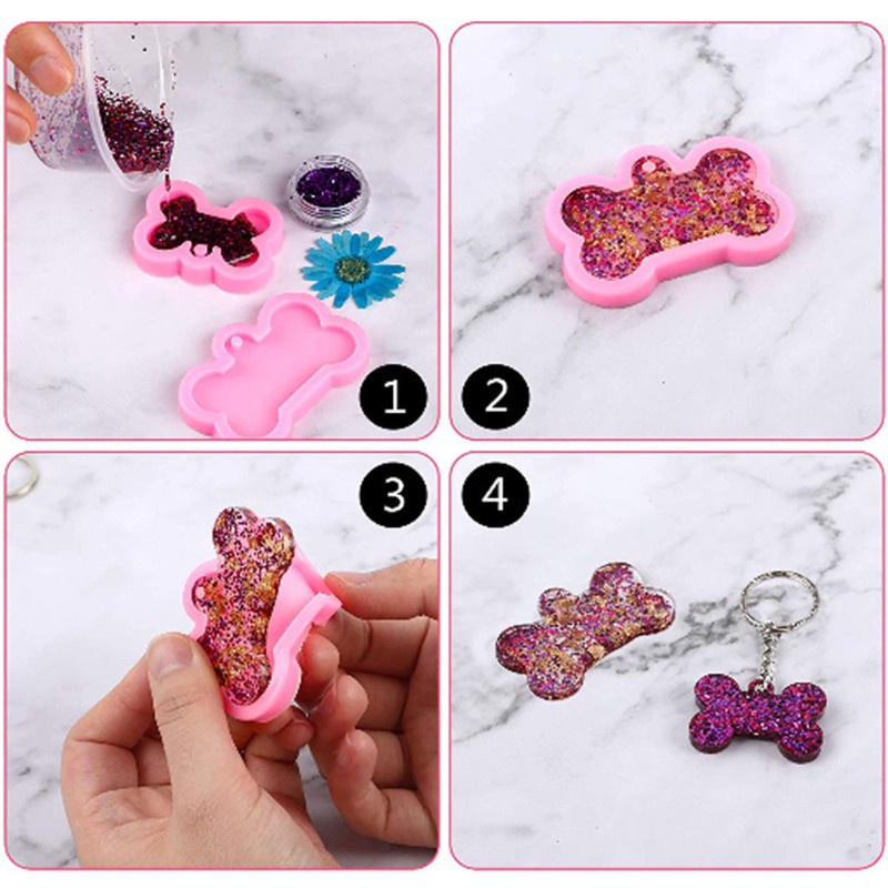 4pcs / Set Cetakan Resin Epoksi Bentuk Tag Anjing Aksen Glitter Bahan Silikon Untuk Liontin / Perhiasan Diy