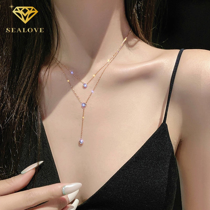 Kalung Titanium anti karat Liontin Berlian Simple Premium Lapisan Ganda Aksesoris Berkilau Korea Wanita necklace