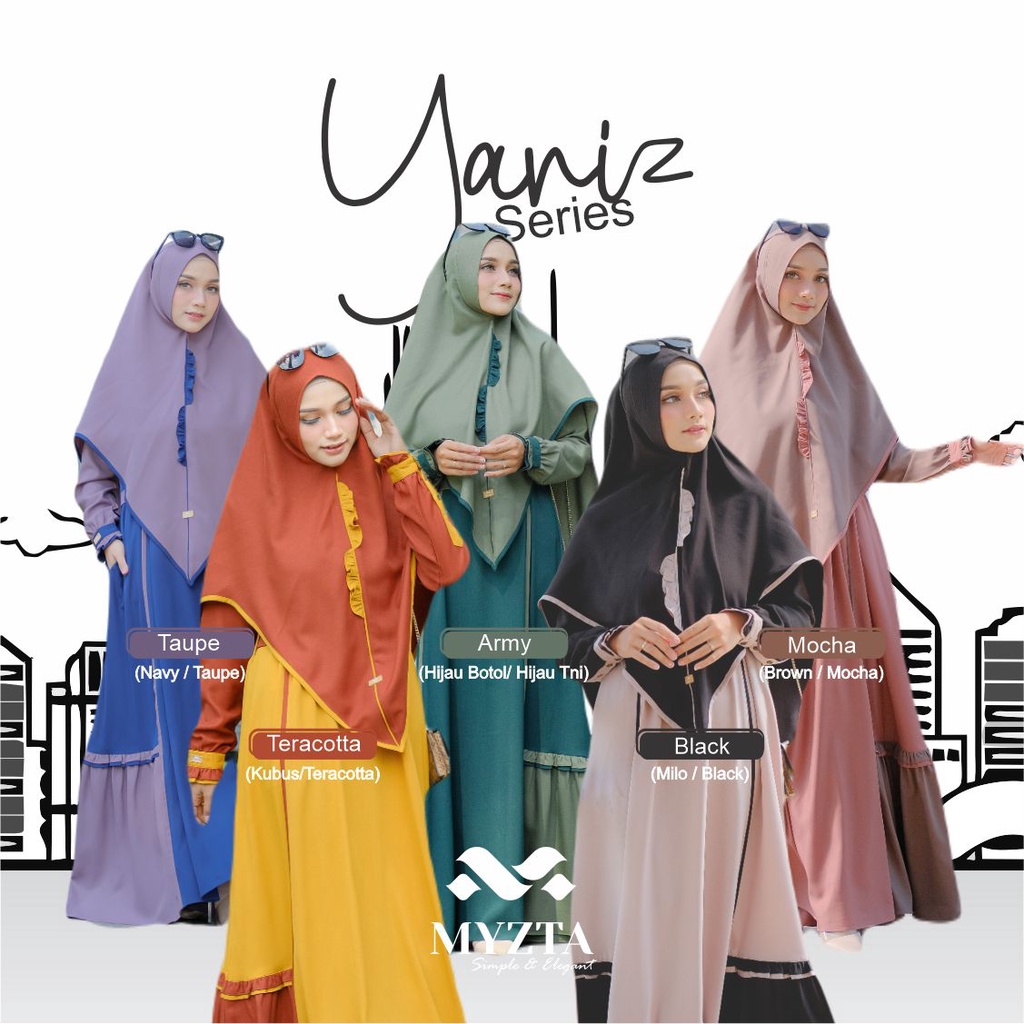 SET GAMIS MYZTA ORIGINAL YANIZ SERIES SET GAMIS DEWASA YANIZ KHIMAR ARMY BLACK MOCHA TERRACOTTA TAUP