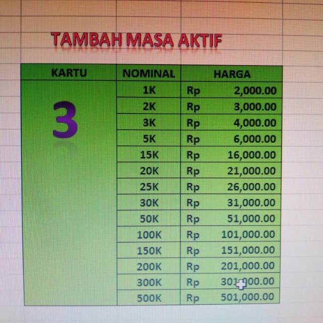 Pulsa kartu 3 isi 2000, harga cuma 3000
