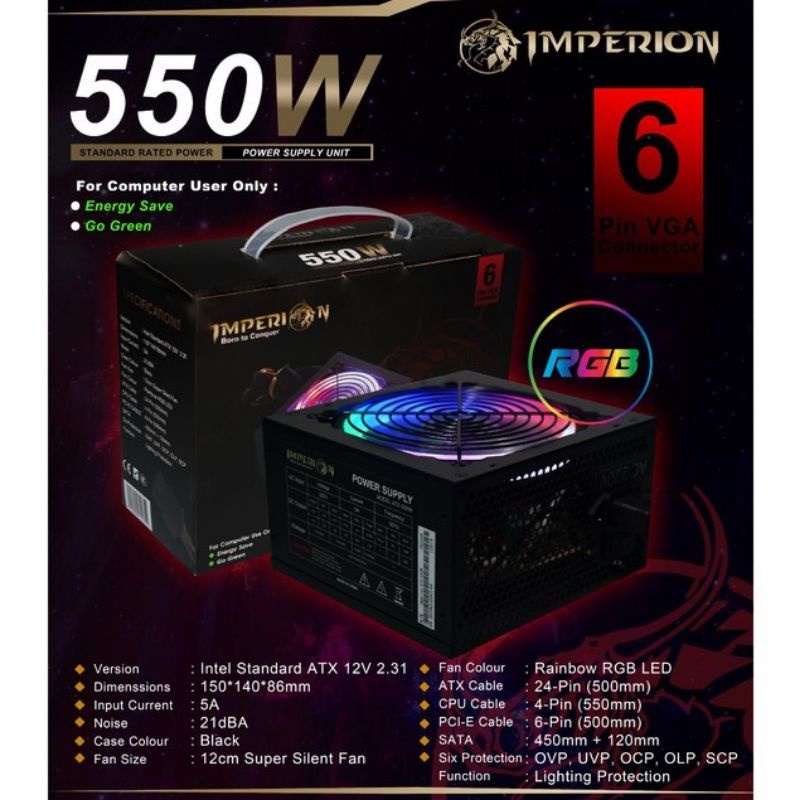 Power Supply PSU Gaming Imperion P500 550W LED VGA 6 PIN RGB / 600W 8 PIN VGA SECOND BEKAS
