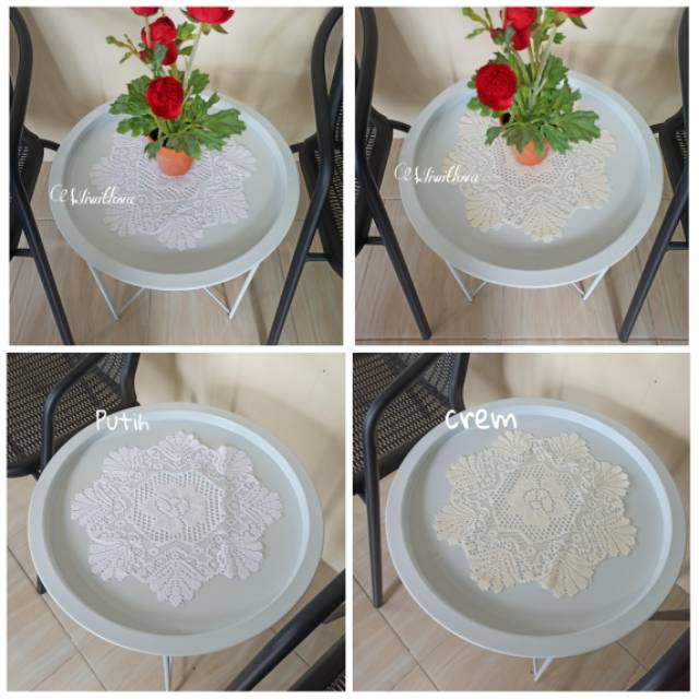 TAPLAK MEJA TAMU BULAT KECIL / TAPLAK MEJA TAMU BULAT / PUTIH DAN CREM