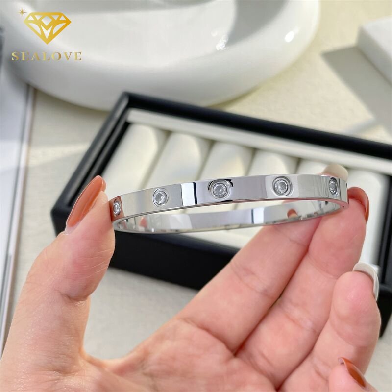 Titanium asli gelang wanita anti karat bulat Lapis emas 18k perhiasan berlian Bangle Premium