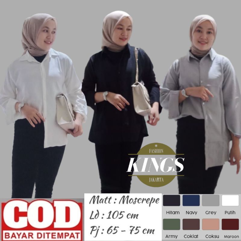 Kemeja Wanita Basic Polos Putih Hitam Atasan Blouse Casual Lengan Panjang Hem Kerja Kantor Formal Bahan Moscrepe-2