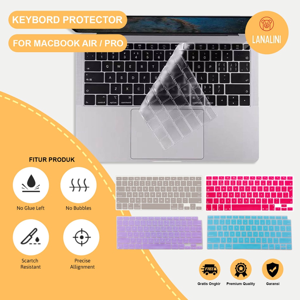 Keyboard Silicone Skin Protector Waterproof Silikon Pelindung Keyboard Macbook Air Pro 13 14 16 2017 2018 2019 2020 2021 A1932 A2179 A2337 A1706 A1708 A1989 A2159 A2251 A2289 A2338 2442 2485 A2141 A2289 A2251 Polos Warna Biru Ungu Merah Abu Murah Lentur