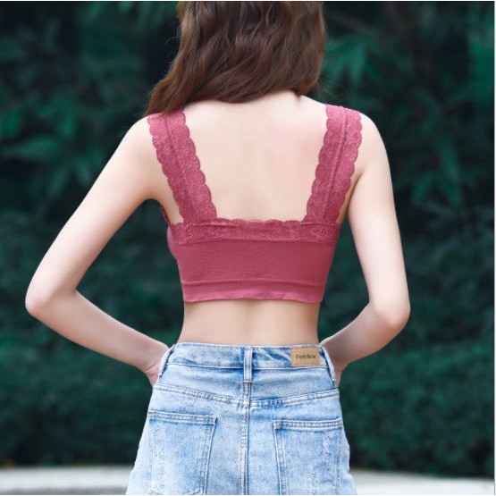 BV.ID BR025 BH WANITA SPORTS BRA V-NECK AKSEN HEM LACE DENGAN PAD BUSA UNTUK YOGA COD