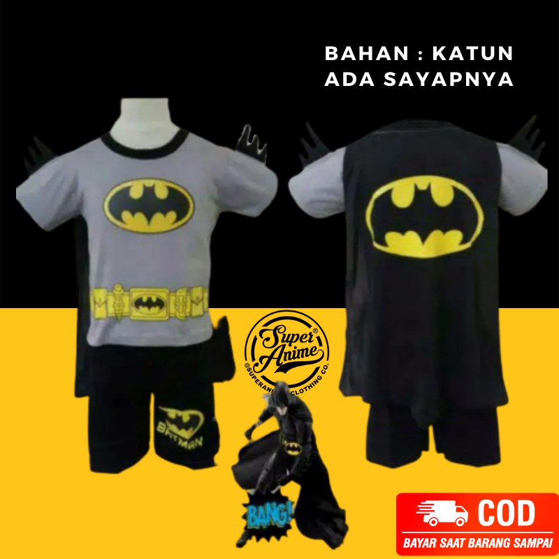 Setelan Pendek Batman Abu Duri Anak Sayap Baju Laki-Laki Kaos Karakter Cowok