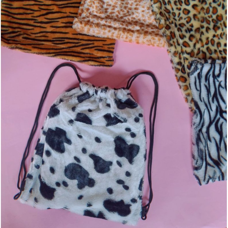 Stringbag Bulu Animal Print , Ransel Serut Bulu sapi , leopard