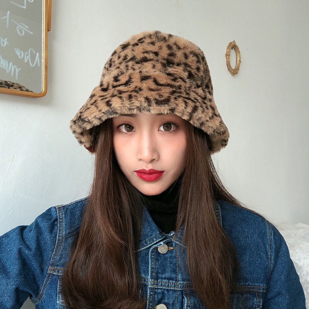 Topi Nelayan Motif Print Leopard Bahan Plush Gaya Retro