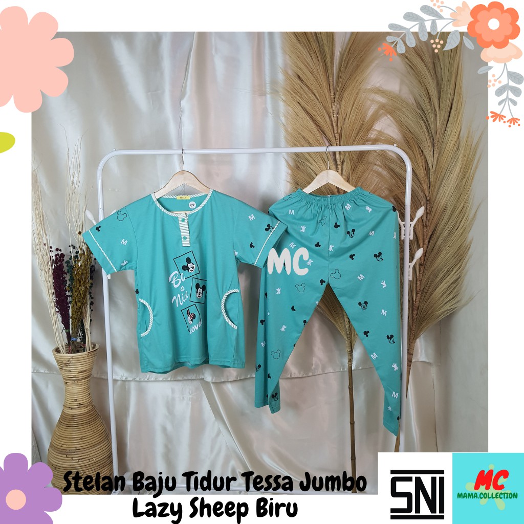 Stelan Baju Tidur Cp Tessa Jumbo Lazy Sheep Biru (1 Set) Mama.Collection