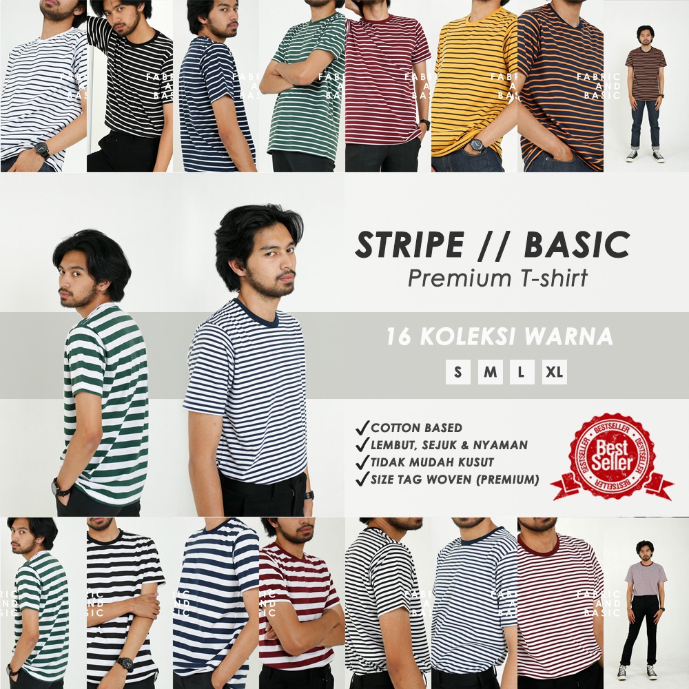 [BEST SELLER] Kaos Stripe Pria Cotton Combed 30s - 13 Warna Kaos Garis Garis Unisex Pria Wanita