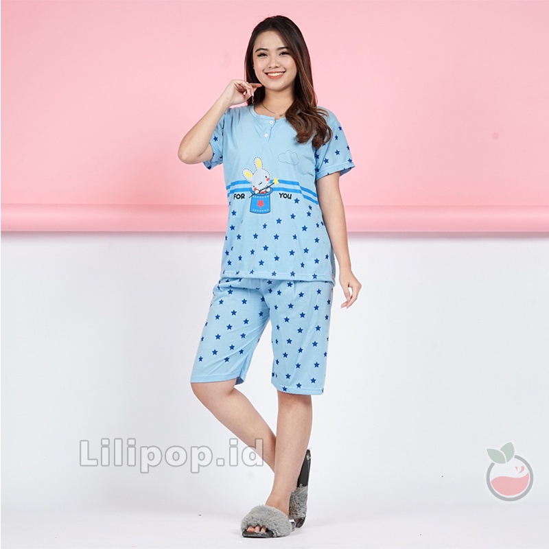 Lilipop.id  Baju Tidur Wanita 3/4 ALL SIZE STANDAR Magic Rabbit Setelan Piyama BabyDoll Kaos Celana Pendek