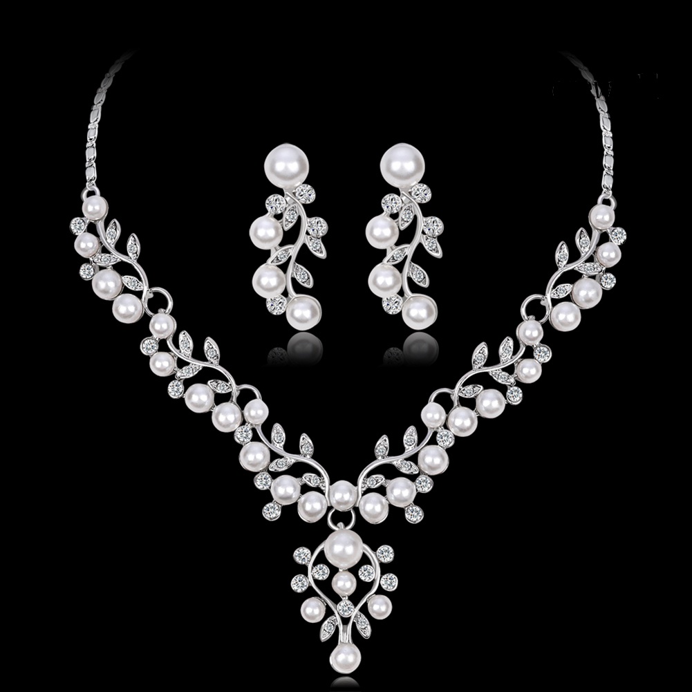 OW@ Women Elegant Faux Pearl Rhinestone Leaves Necklace Earrings Wedding Jewelry Set