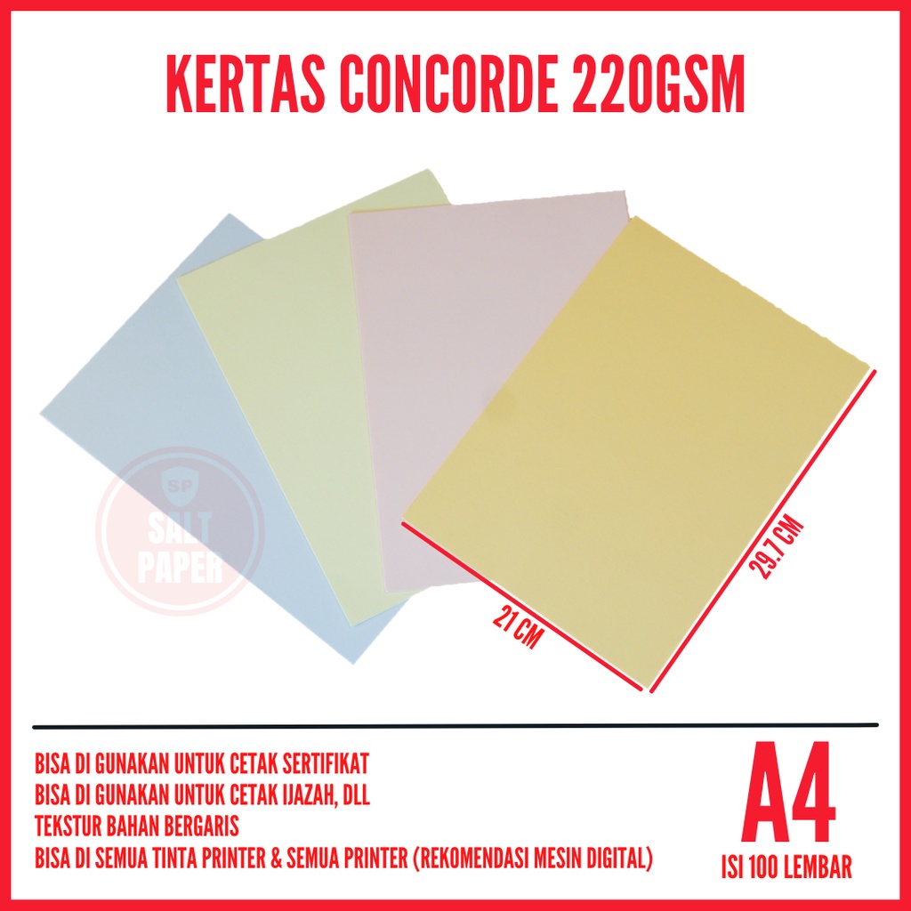 Kertas Concorde A4 220 gr isi 100 lembar / Kertas Concorde 220 gr / Kertas Sertifikat A4