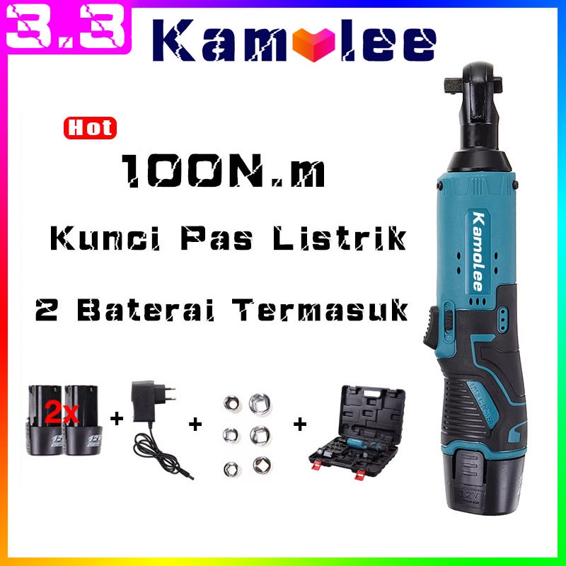 Kamolee Cordless Electric Wrench 12V 100N.m 3/8 90 ° Kunci Pas Ratchet Elektrik Isi Ulang Perancah S