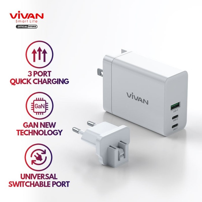 Universal Adaptor - Adaptor Charger Vivan Gan03 120W 3 Port Quick Charging Universal Ori