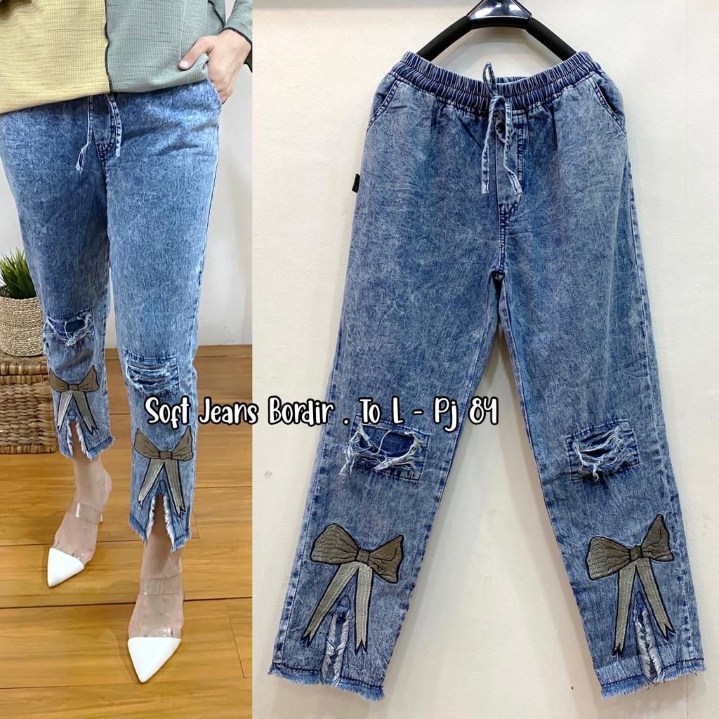 Ribbon Pants Celana Panjang Jeans Wanita Pita Pinggang Karet Belah Acid Snow Black &amp; Snow Blue Jins Cewek Bordir Pita Belah Matt Jeans Washed Soft Ripped ada Tali Pinggang