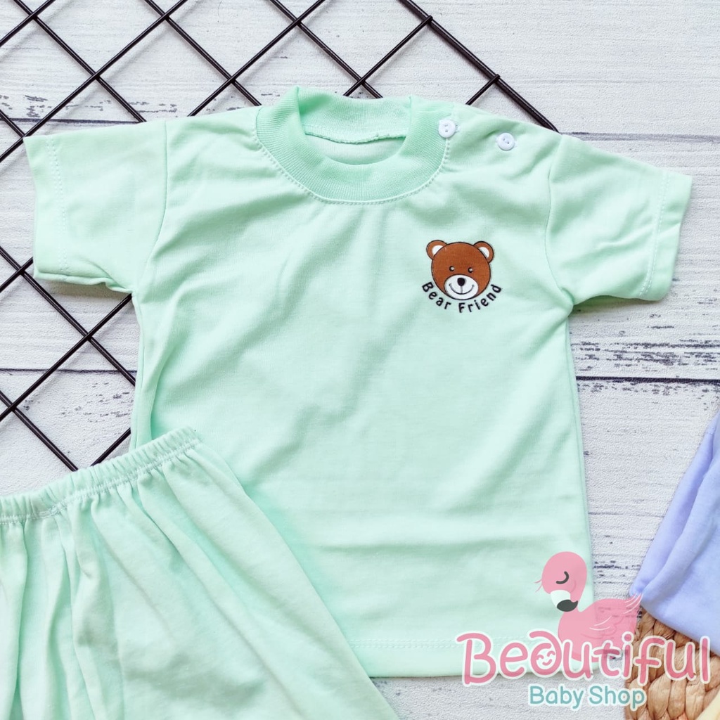 Setelan Pendek Bayi 3-12 Bulan Motif Polos Bear / Baju Bayi Pendek / Setelan Harian Bayi / Kaos Oblong Bayi &amp; Anak Kancing Pundak / Baby.ou