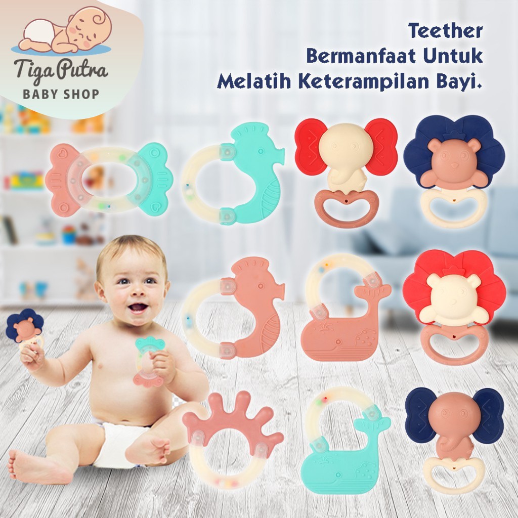 Teether Rattle Mainan Gigitan Bayi Silikon 3 4 Bulan Teether BPA Free