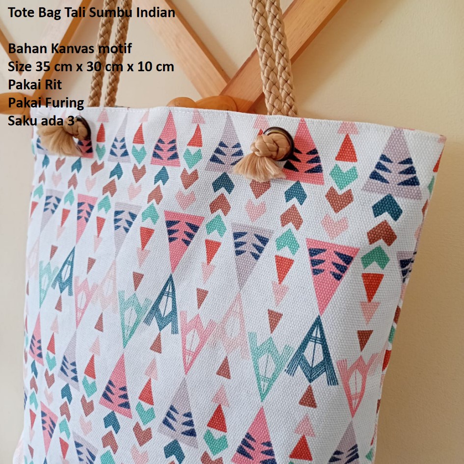 TOTEBAG KANVAS TALI SUMBU MOTIF INDIAN. TAS KANVAS TAS WANITA TAS JOGJA. Riens Collections