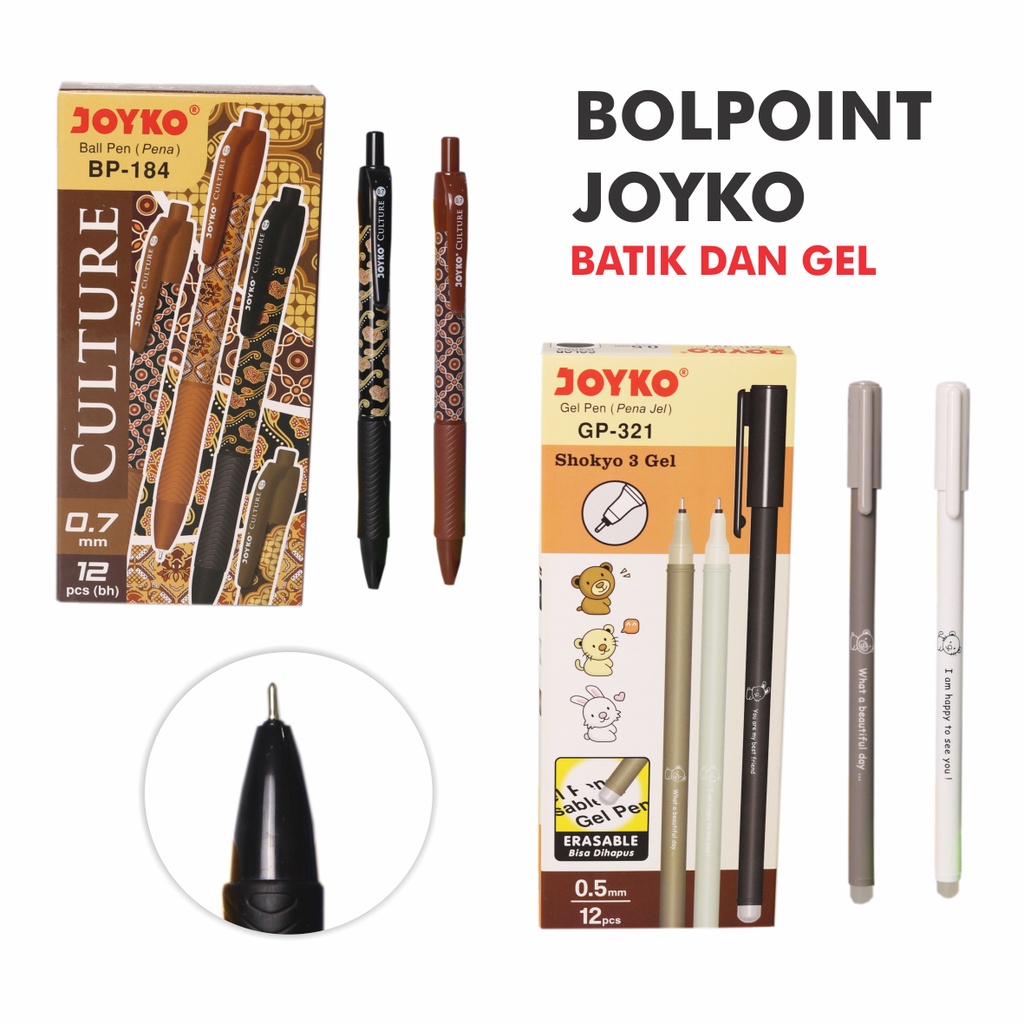 

Pulpen / Bolpoin / Bulpen Joyko Gel dan Motif Batik Jual Satuan Ball Pen Pena 05 dan 07 mm