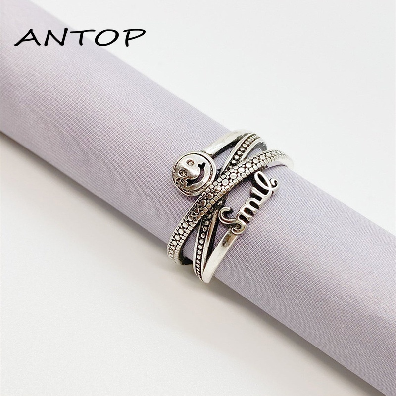 Smiley Surat Cincin Kepribadian Wanita Retro Pembukaan Adjustable Pasangan Cincin Perhiasan  ANTOP