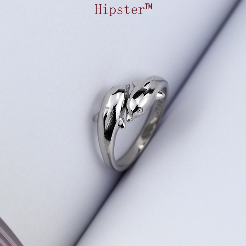 Hot Sale Best Selling Fashion Popular Happy Double Dolphin Adjustable Silver Ring