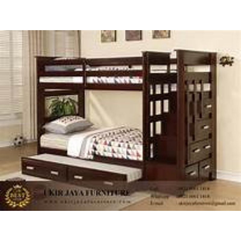 Ranjang Kayu 2 Tingkat Full Laci