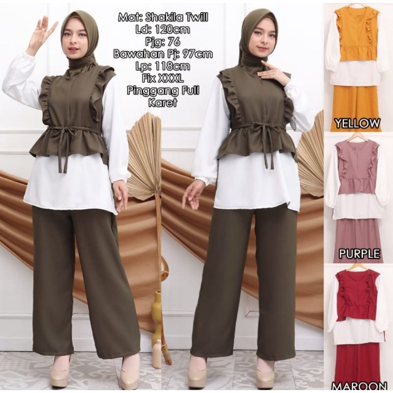 STELAN BAJU WANITA / ONE SET ITY CREPE / STELAN BUSUI TANGAN PANJANG / ONE SET PUTIH / STELAN KANTOR