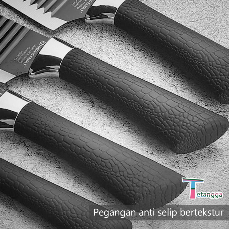 Pisau Dapur Hitam Set Isi 6pcs Black Knife Set Set 6 pcs Black Pemotong Gelombang Baja  Tahan Karat