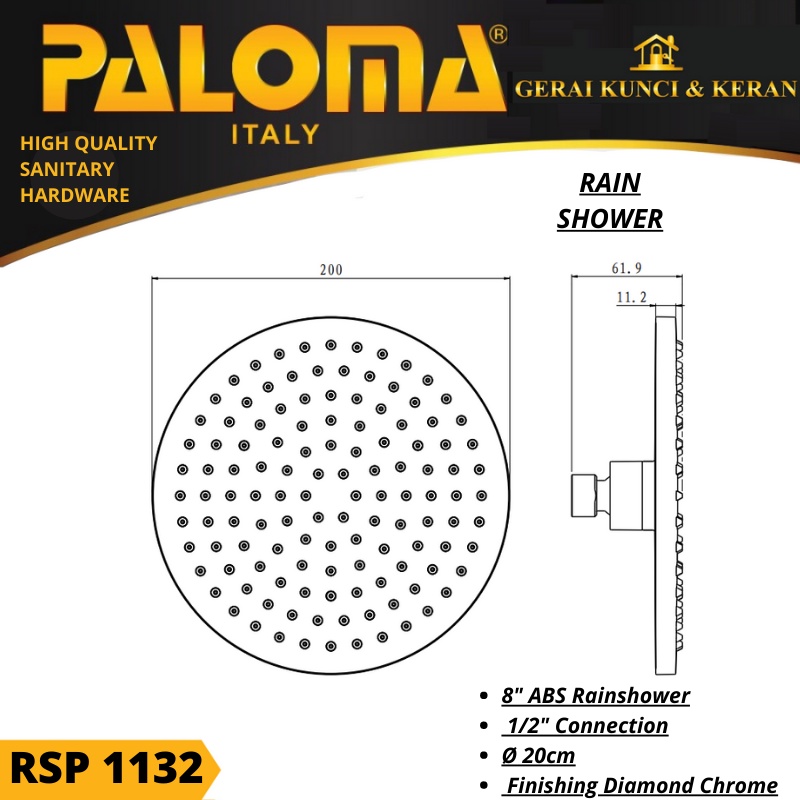 PALOMA RSP 1132 Rain Shower 8 inch (20cm) Kepala Shower ABS Chrome