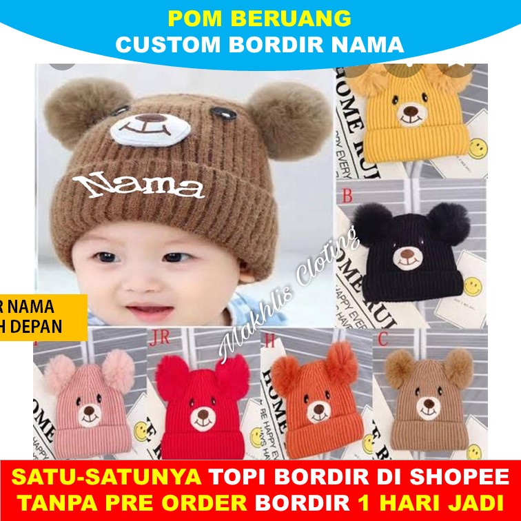 KUPLUK RAJUT POM BAYI KARAKTER BERUANG BEAR BORDIR NAMA ANAK USIA 0-4 TAHUN