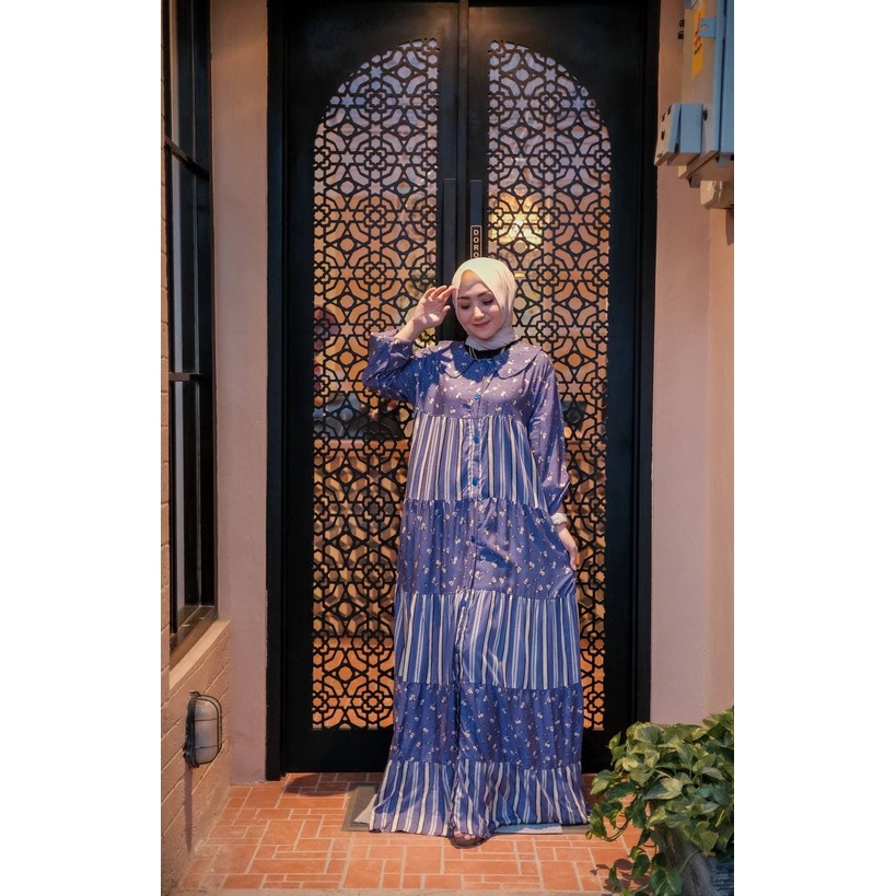 Gamis Terbaru Salur Flower Rayon Premium Dress Wanita Lengan Panjang Longdress Salur Bunga LD 110 cm