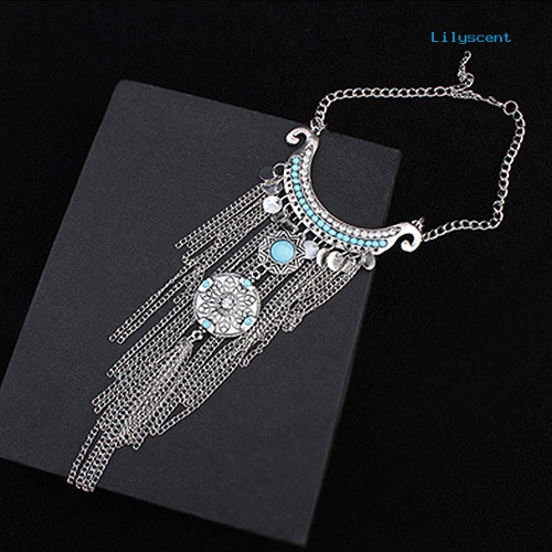 Kalung Choker Rantai Panjang Liontin Rumbai Turquoise Bahan Alloy Gaya Bohemian Untuk Wanita