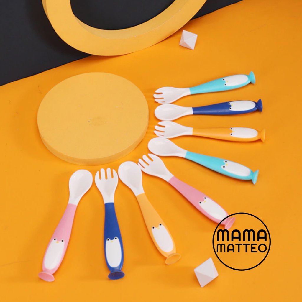 Sendok Garpu Set Makan Bayi Silikon Lentur untuk Anak Motif Penguin / Kids Baby Spoon Fork Set MPASI Bahan Silicone / Warna Pink Orange Tosca Biru Tua