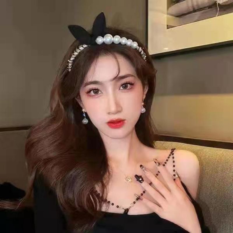 FerenHongXia Bando Bandana Korea Wanita Mutiara Motif Pita Hitam Joseph