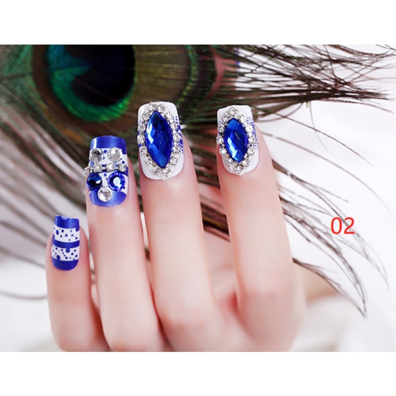 24PCS BLUE WEDDING FAKE NAILS KUKU PALSU WARNA BIRU PERNIKAHAN KUPAL WEDDING RHINESTONE