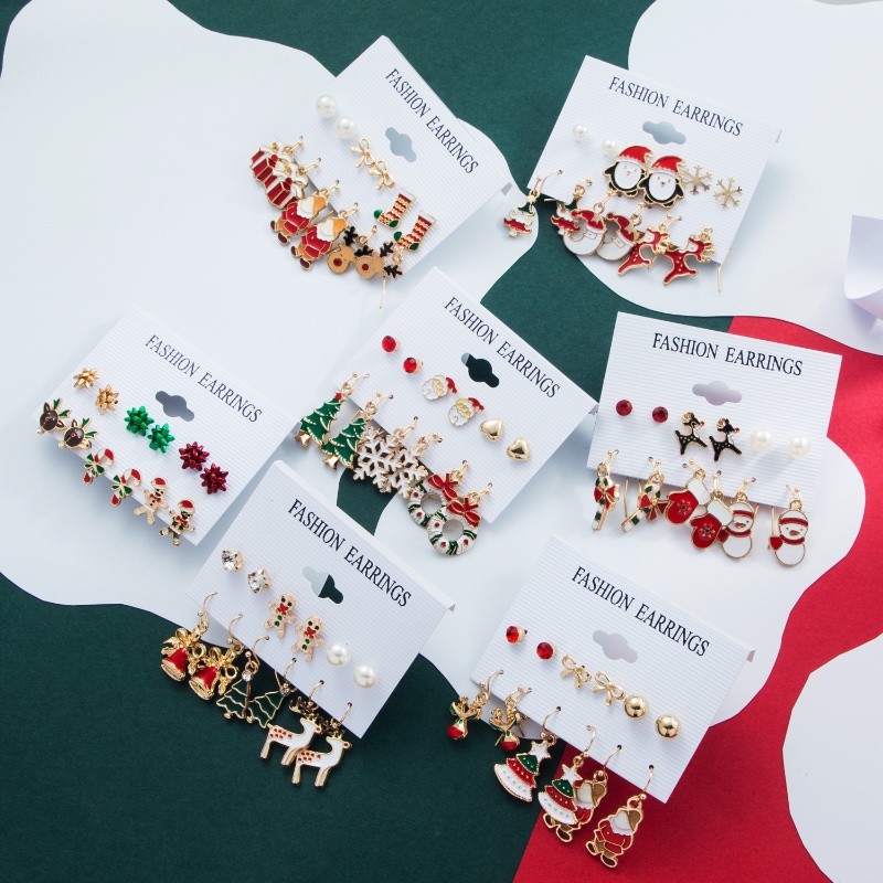 6 Pasang Anting Stud Desain Pohon Natal Rusa Snowman Santa Untuk Aksesoris Anak Perempuan